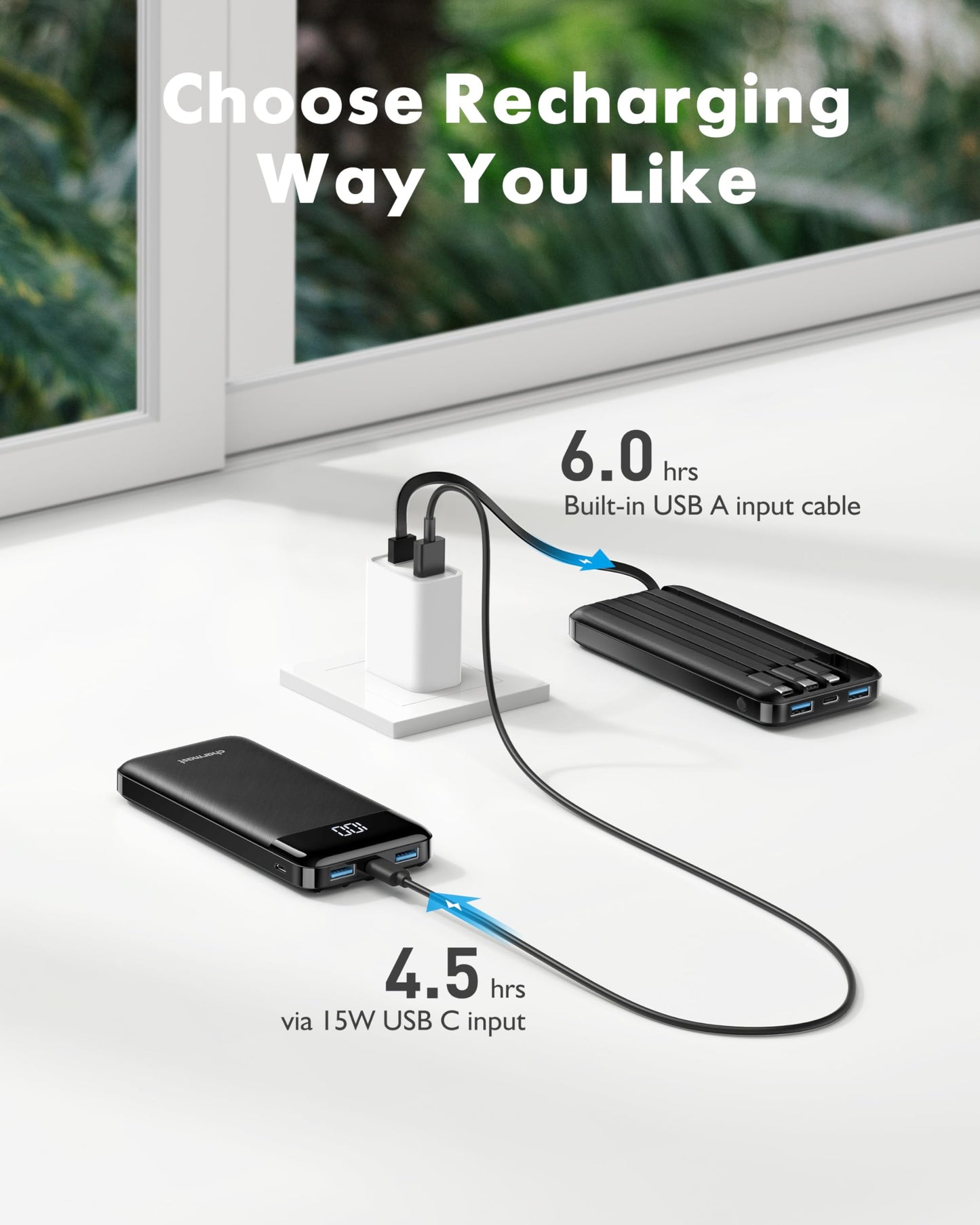Slim 10000mAh Power Bank with Built-in Cables