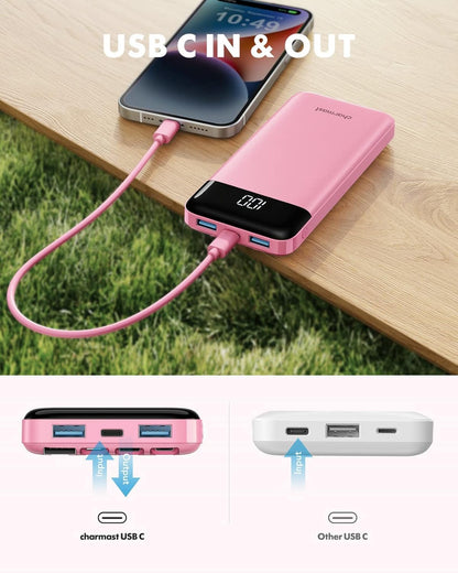 Slim 10000mAh Power Bank with Built-in Cables