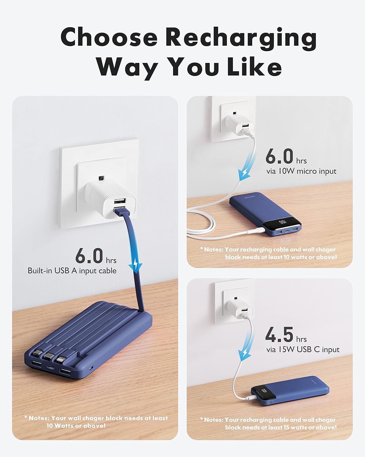 Slim 10000mAh Power Bank with Built-in Cables