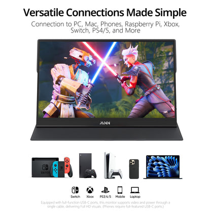 MNN Portable Monitor 15.6inch FHD 1080P USB C HDMI Gaming Ultra-Slim