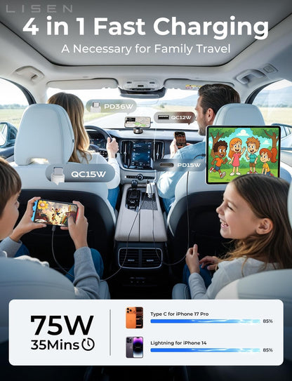 LISEN Retractable Car Charger, Gifts for Him Her, 84W Car Adapter USB C Fast Charger