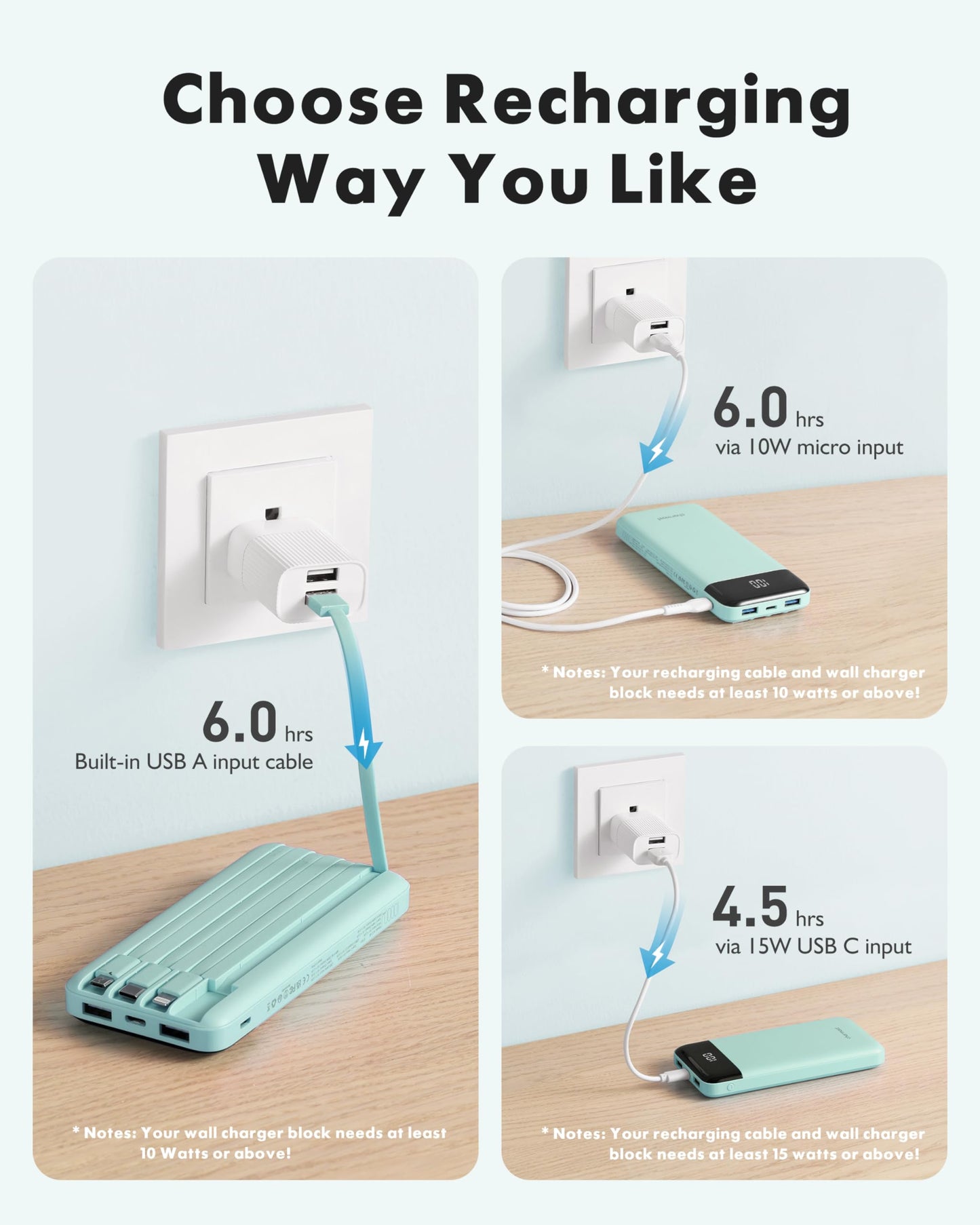 Slim 10000mAh Power Bank with Built-in Cables