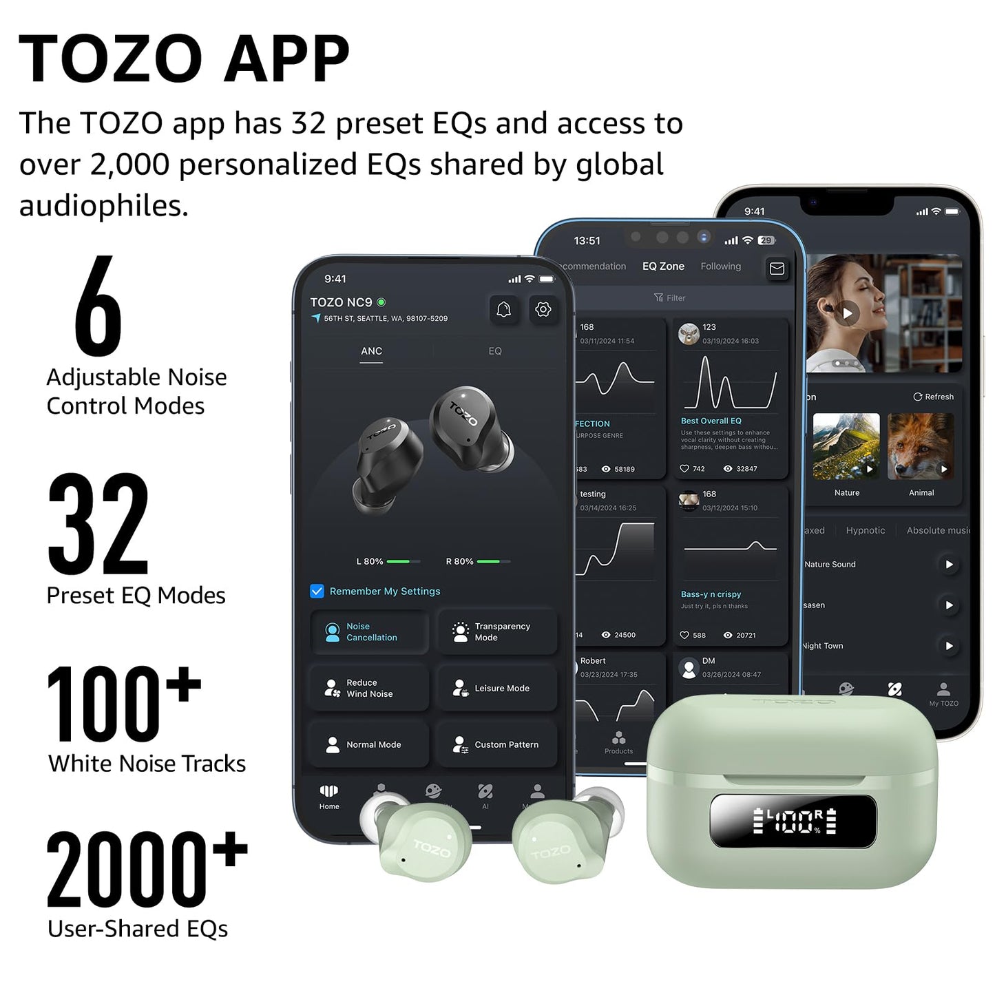 TOZO NC9 Hybrid Active Noise Cancelling Wireless Earbuds