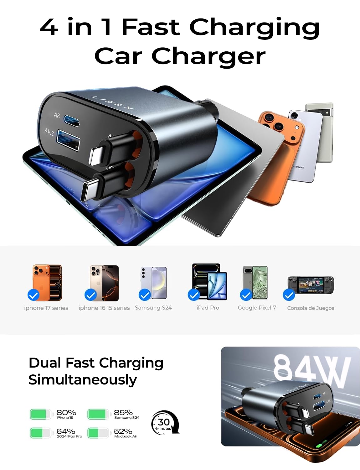 LISEN Retractable Car Charger, Gifts for Him Her, 84W Car Adapter USB C Fast Charger