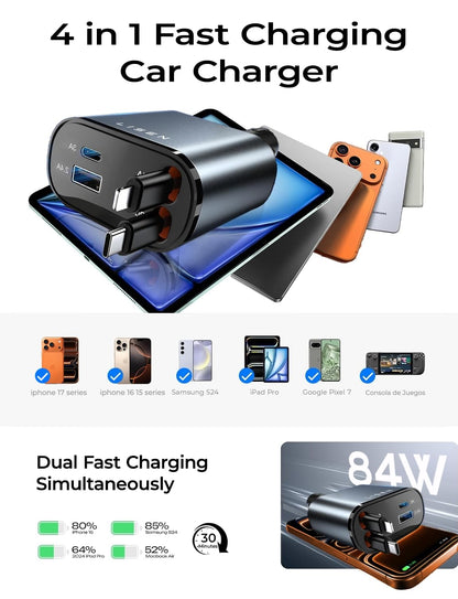 LISEN Retractable Car Charger, Gifts for Him Her, 84W Car Adapter USB C Fast Charger