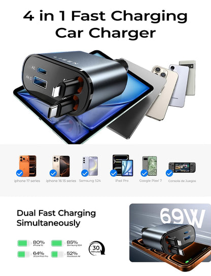 LISEN Retractable Car Charger, Gifts for Him Her, 84W Car Adapter USB C Fast Charger