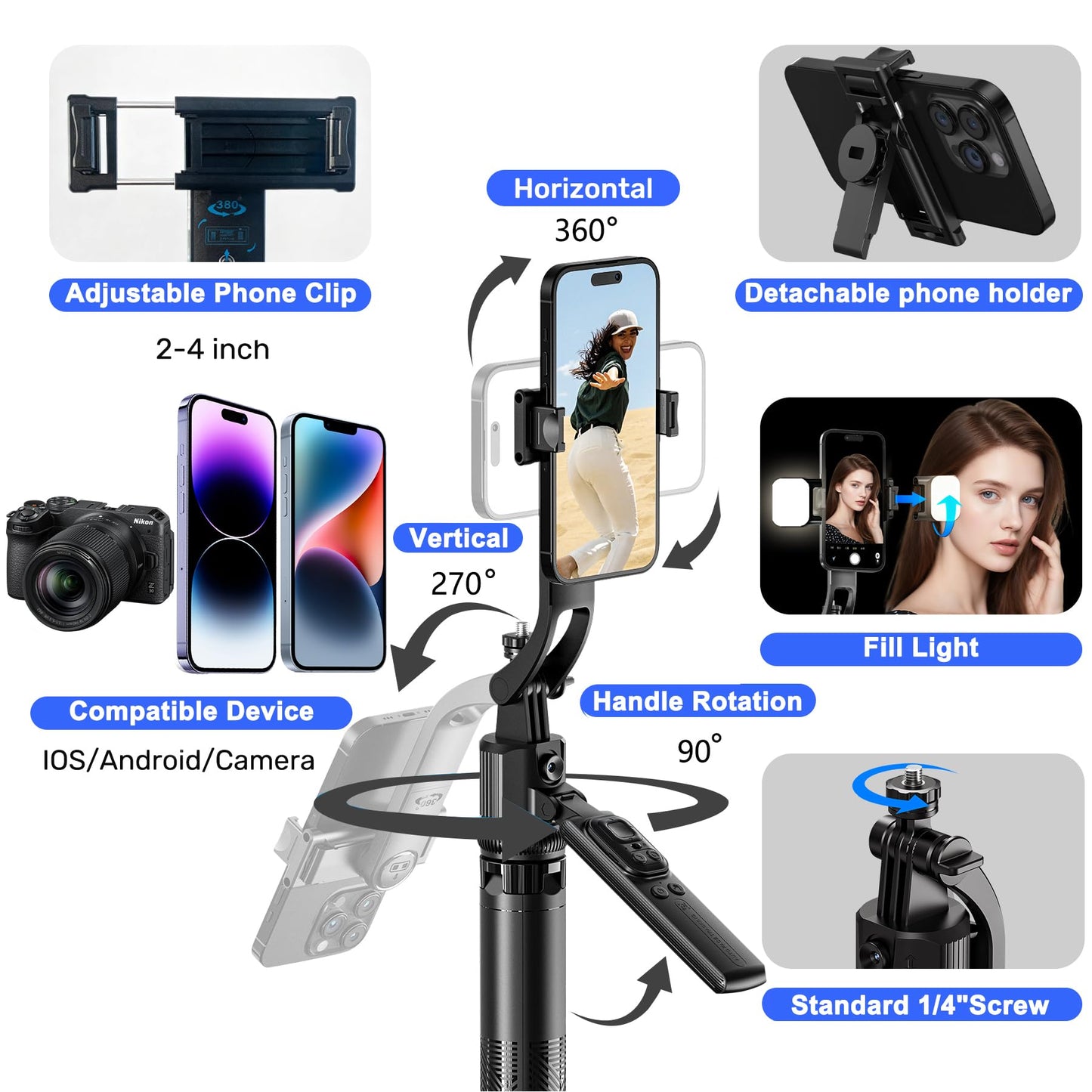 360° AI Face Tracking Tripod with Ring Lights