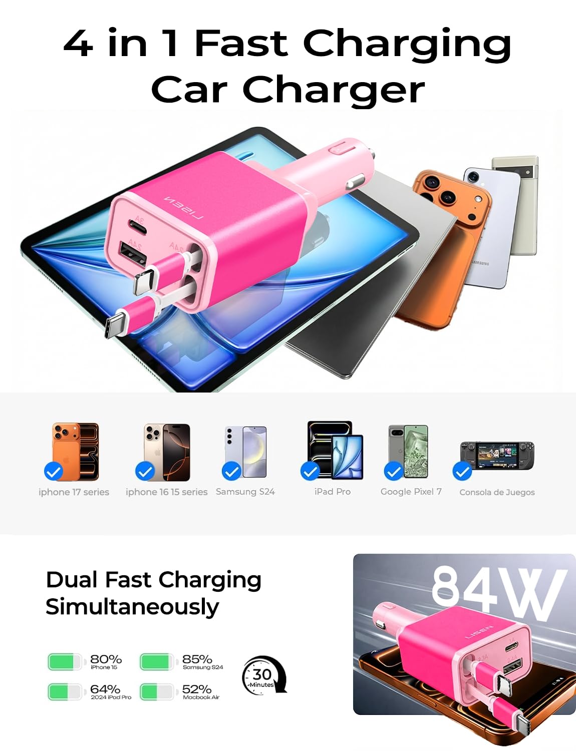 LISEN Retractable Car Charger, Gifts for Him Her, 84W Car Adapter USB C Fast Charger