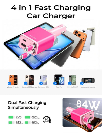 LISEN Retractable Car Charger, Gifts for Him Her, 84W Car Adapter USB C Fast Charger
