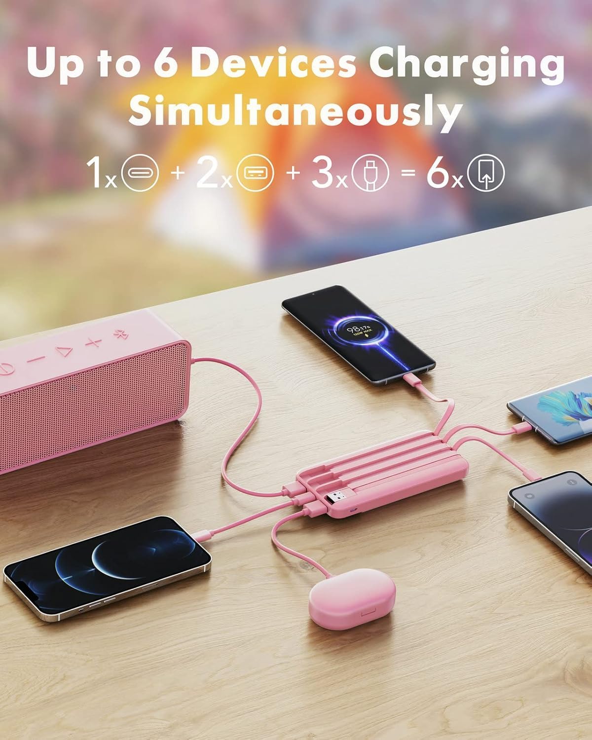 Slim 10000mAh Power Bank with Built-in Cables