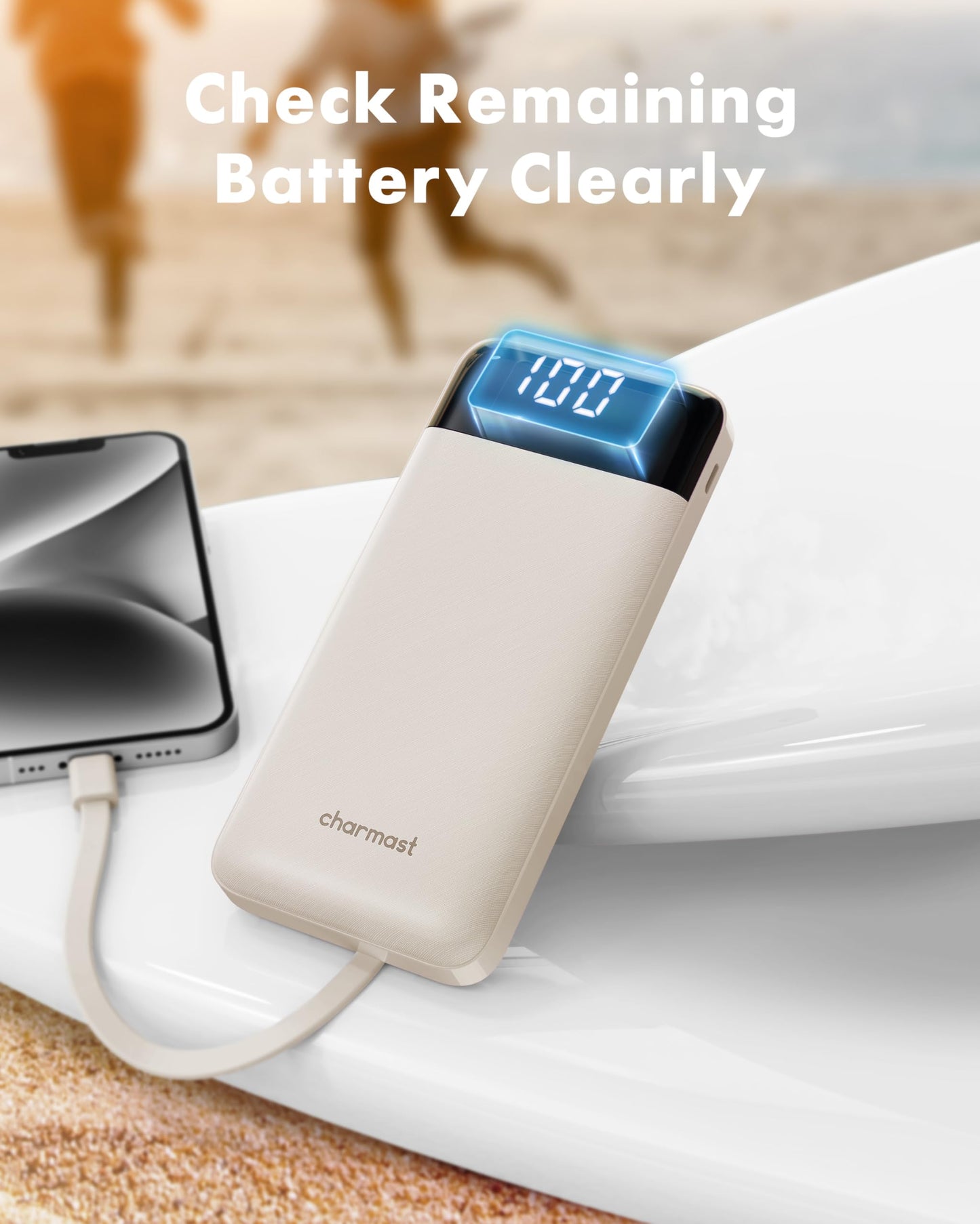 Slim 10000mAh Power Bank with Built-in Cables