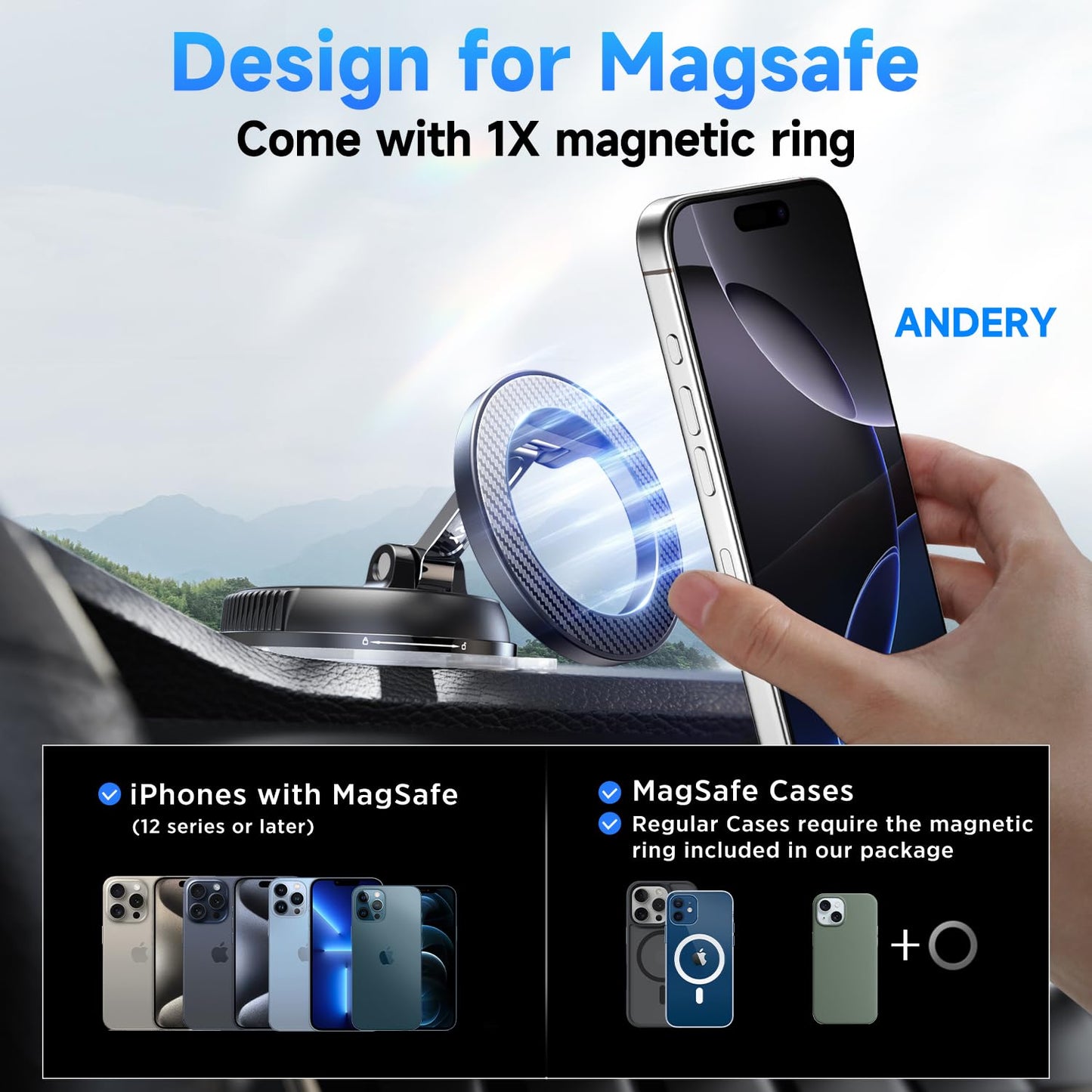 ANDERY Car Phone Holder for Magsafe 360° Adjustable Car Phone Mount