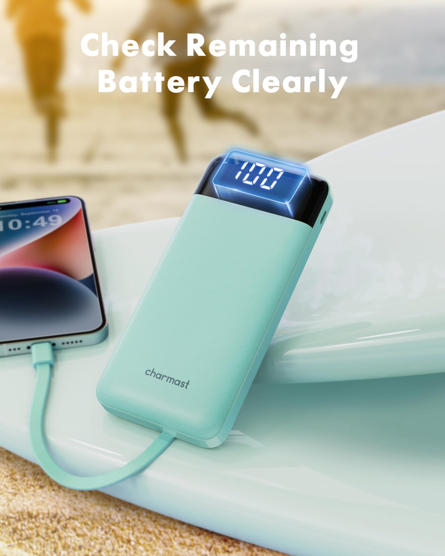 Slim 10000mAh Power Bank with Built-in Cables