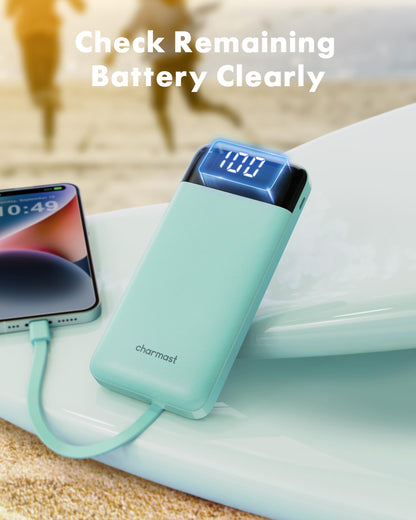 Slim 10000mAh Power Bank with Built-in Cables