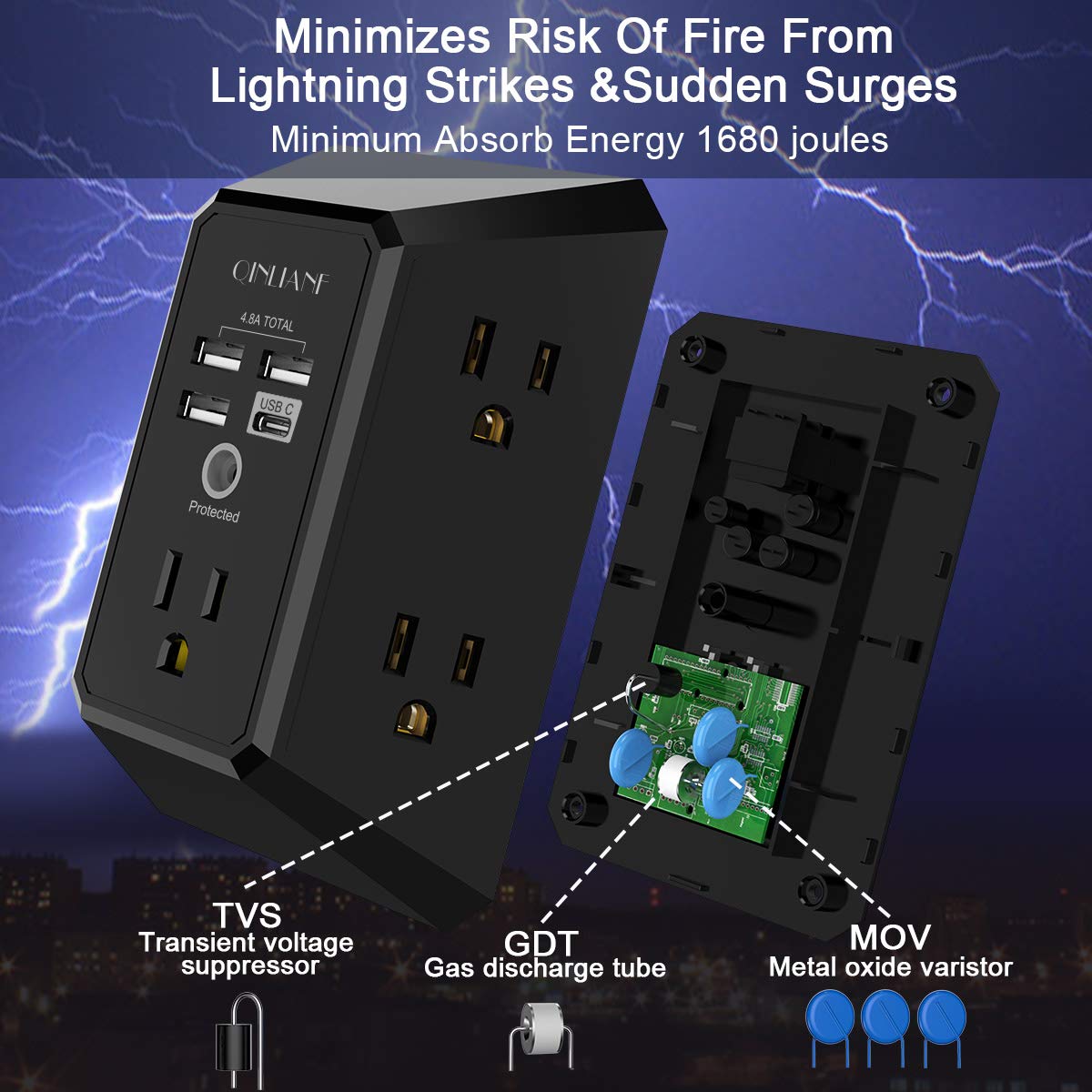 Wall Outlet Extender with USB &amp; Surge Protection