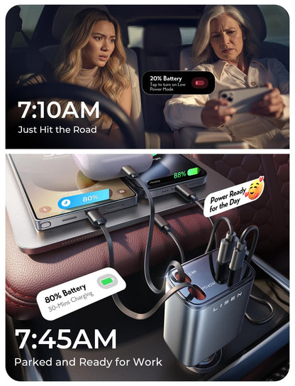 LISEN Retractable Car Charger, Gifts for Him Her, 84W Car Adapter USB C Fast Charger