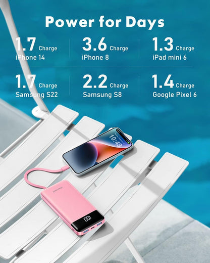 Slim 10000mAh Power Bank with Built-in Cables