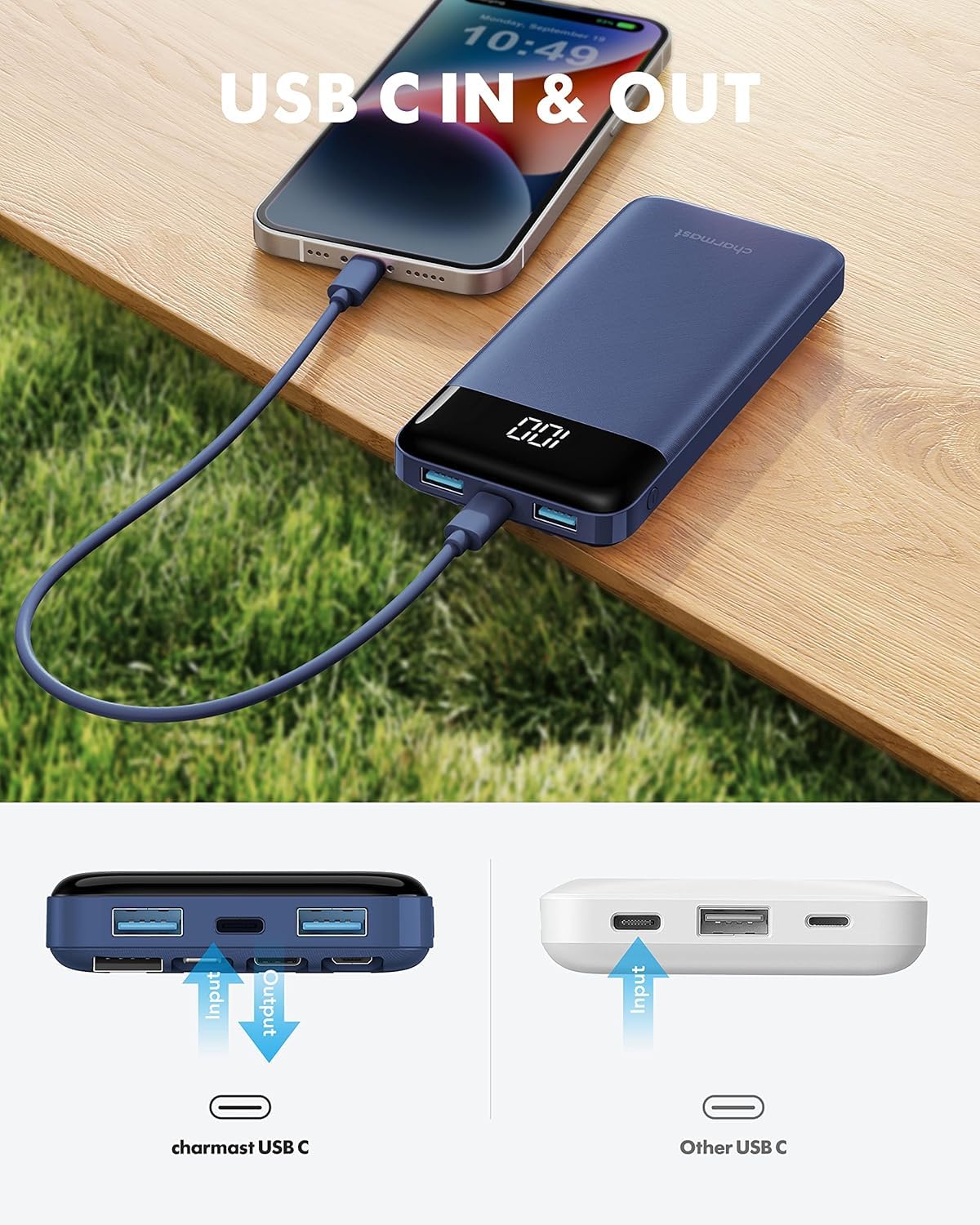 Slim 10000mAh Power Bank with Built-in Cables