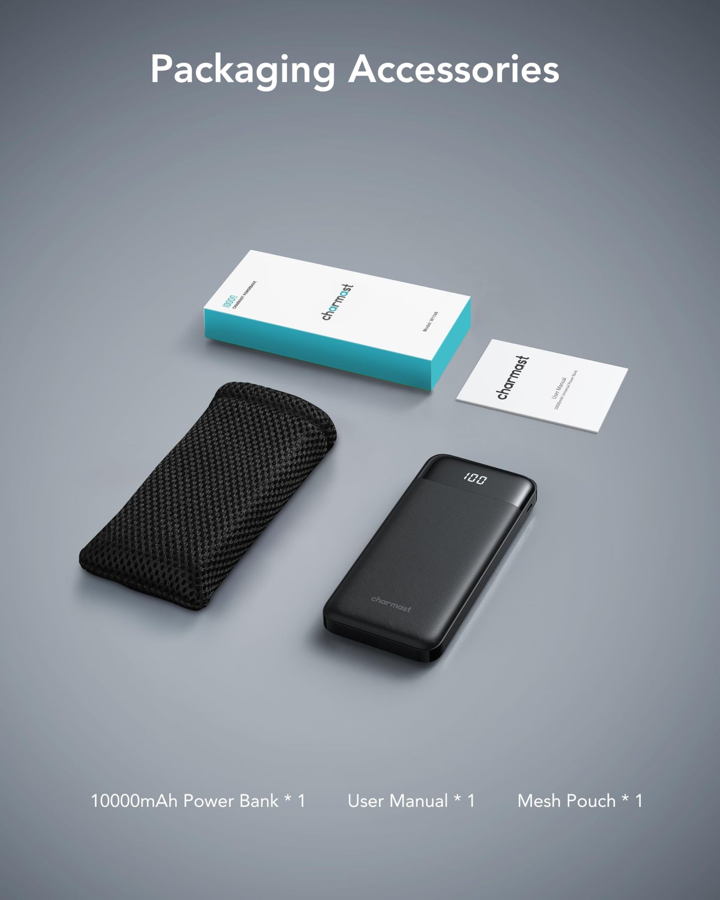 Slim 10000mAh Power Bank with Built-in Cables