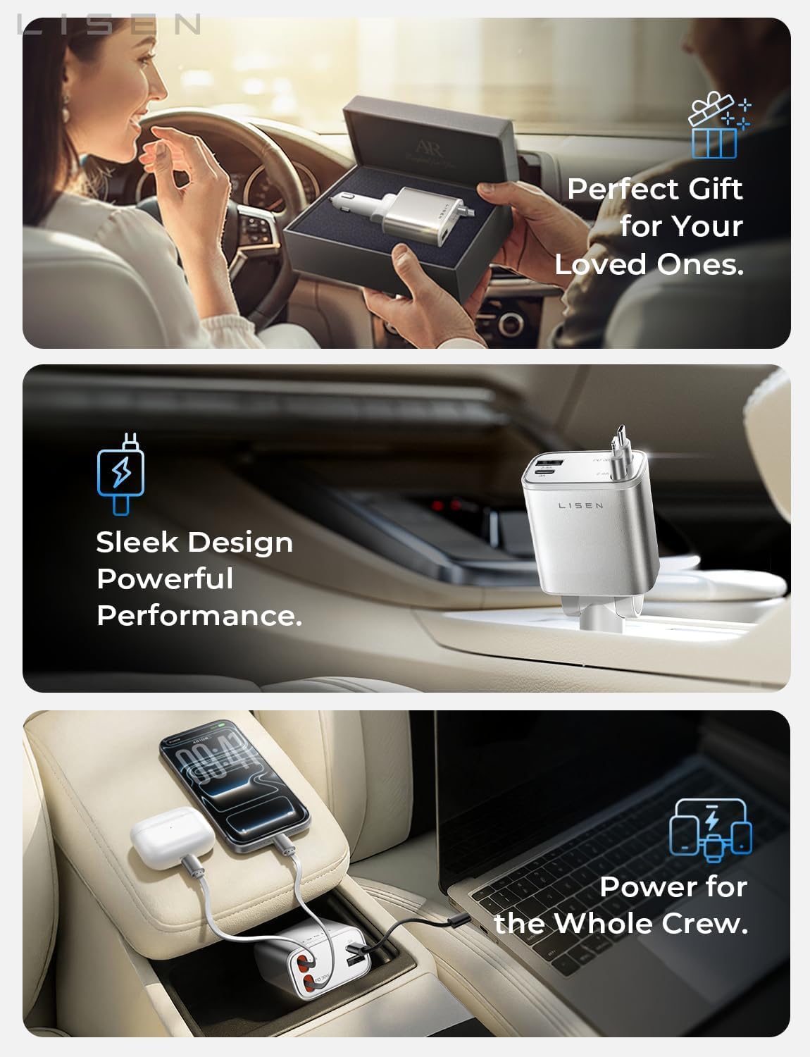 LISEN Retractable Car Charger, Gifts for Him Her, 84W Car Adapter USB C Fast Charger