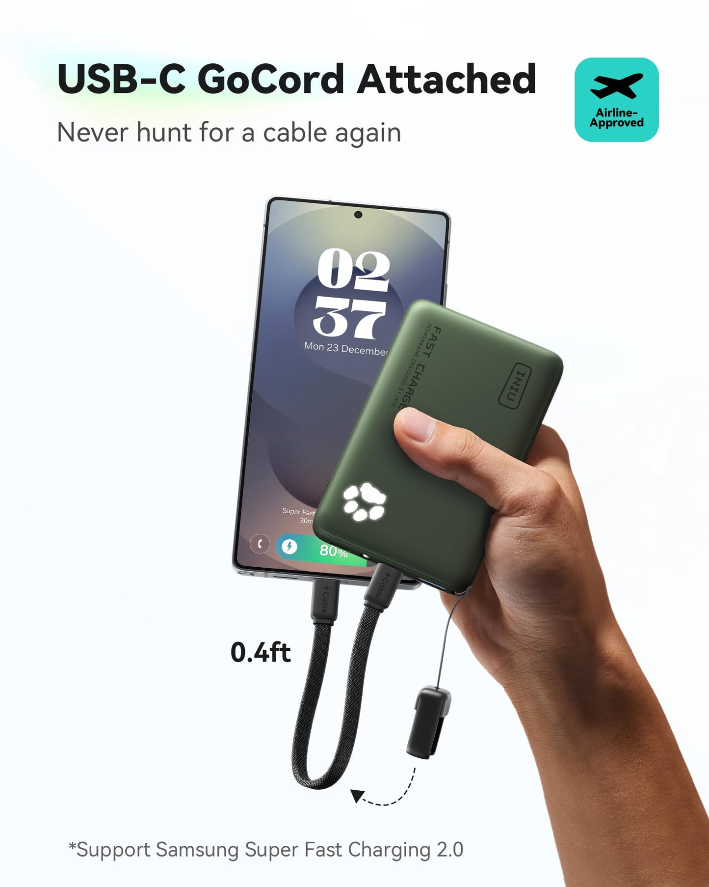 INIU Portable Charger, Ultra Slim 45W Fast Charging with Attached USB C Cable