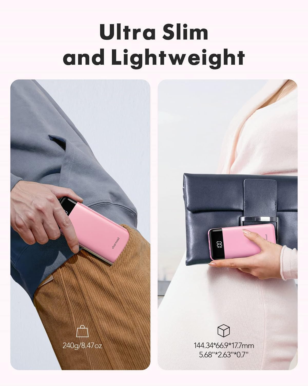 Slim 10000mAh Power Bank with Built-in Cables