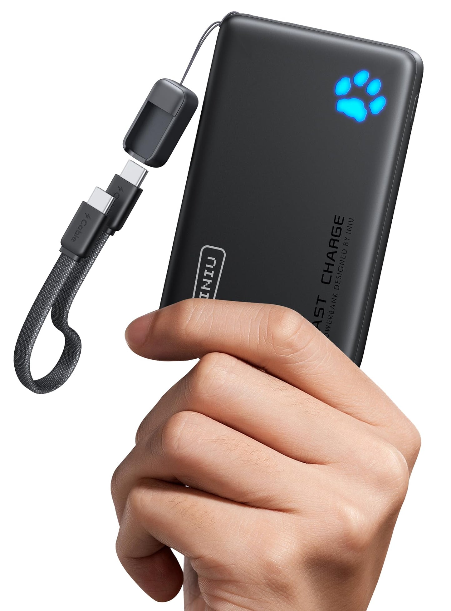 INIU Portable Charger, Ultra Slim 45W Fast Charging with Attached USB C Cable