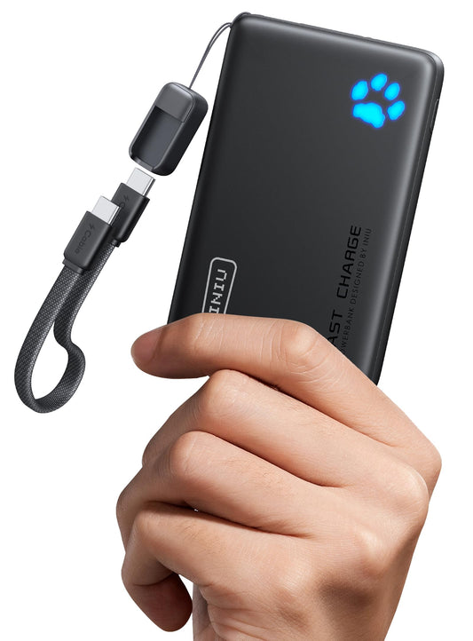 INIU Portable Charger, Ultra Slim 45W Fast Charging with Attached USB C Cable
