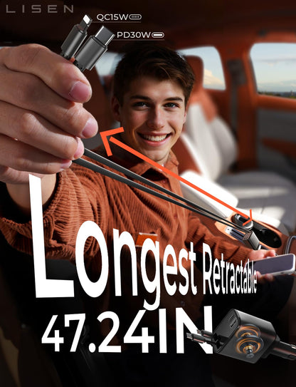 LISEN Retractable Car Charger, Gifts for Him Her, 84W Car Adapter USB C Fast Charger