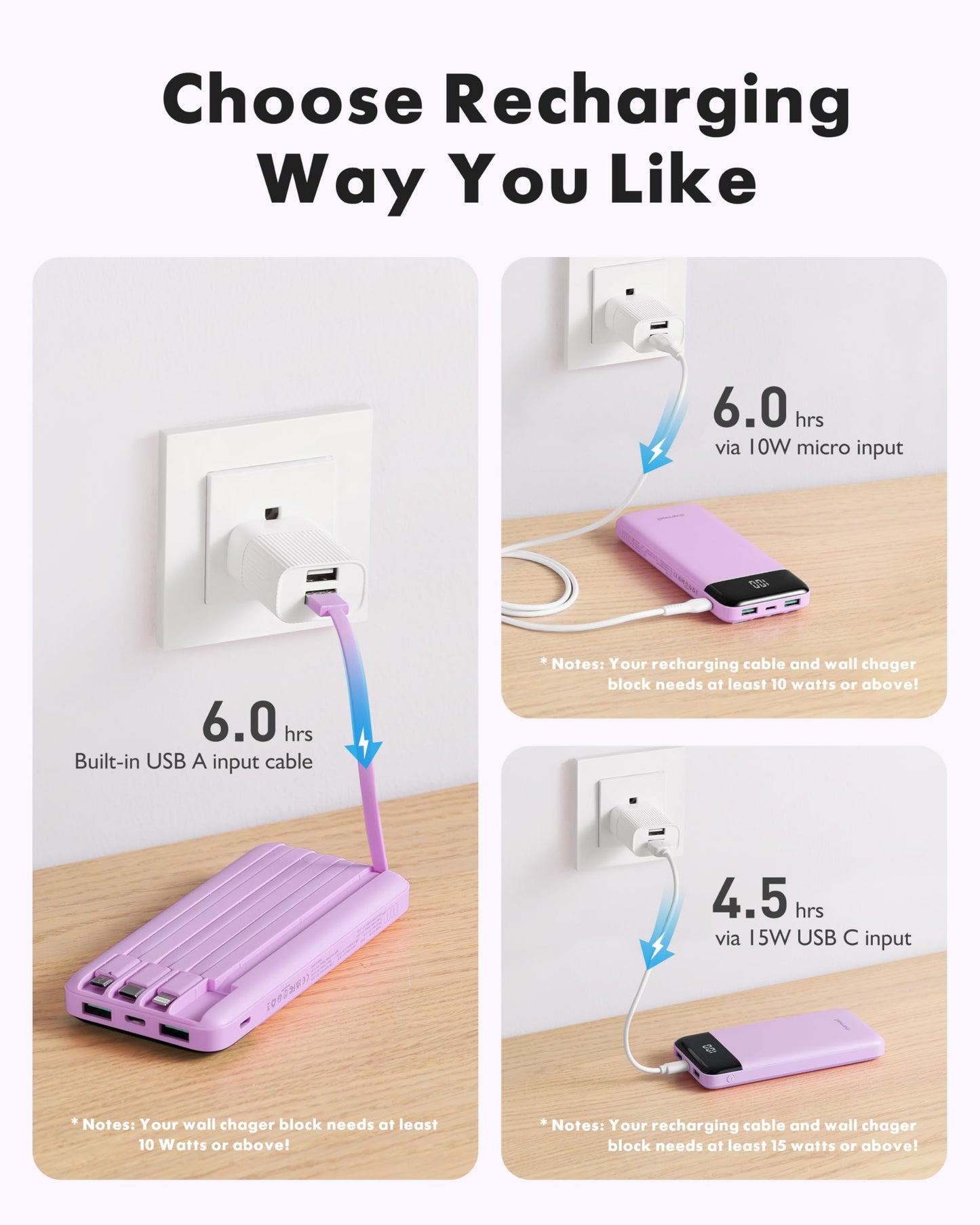 Slim 10000mAh Power Bank with Built-in Cables