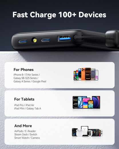 INIU Portable Charger, Ultra Slim 45W Fast Charging with Attached USB C Cable
