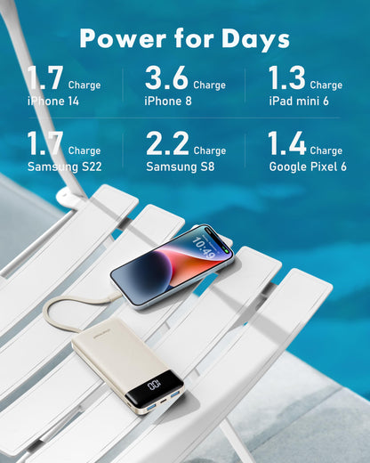 Slim 10000mAh Power Bank with Built-in Cables