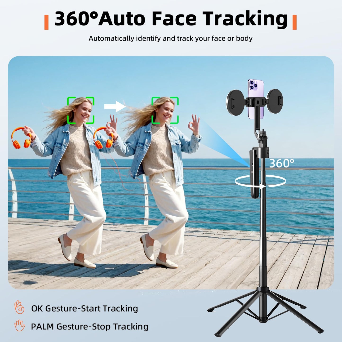 360° AI Face Tracking Tripod with Ring Lights