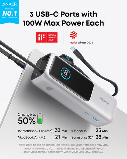 25000mAh High-Speed Power Bank with Built-In Cables