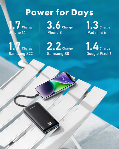 Slim 10000mAh Power Bank with Built-in Cables