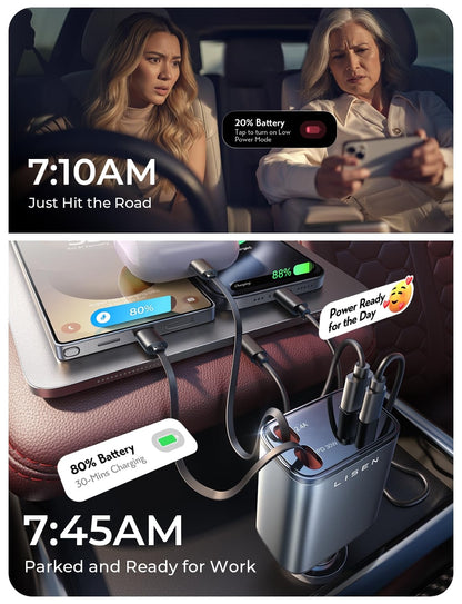 LISEN Retractable Car Charger, Gifts for Him Her, 84W Car Adapter USB C Fast Charger