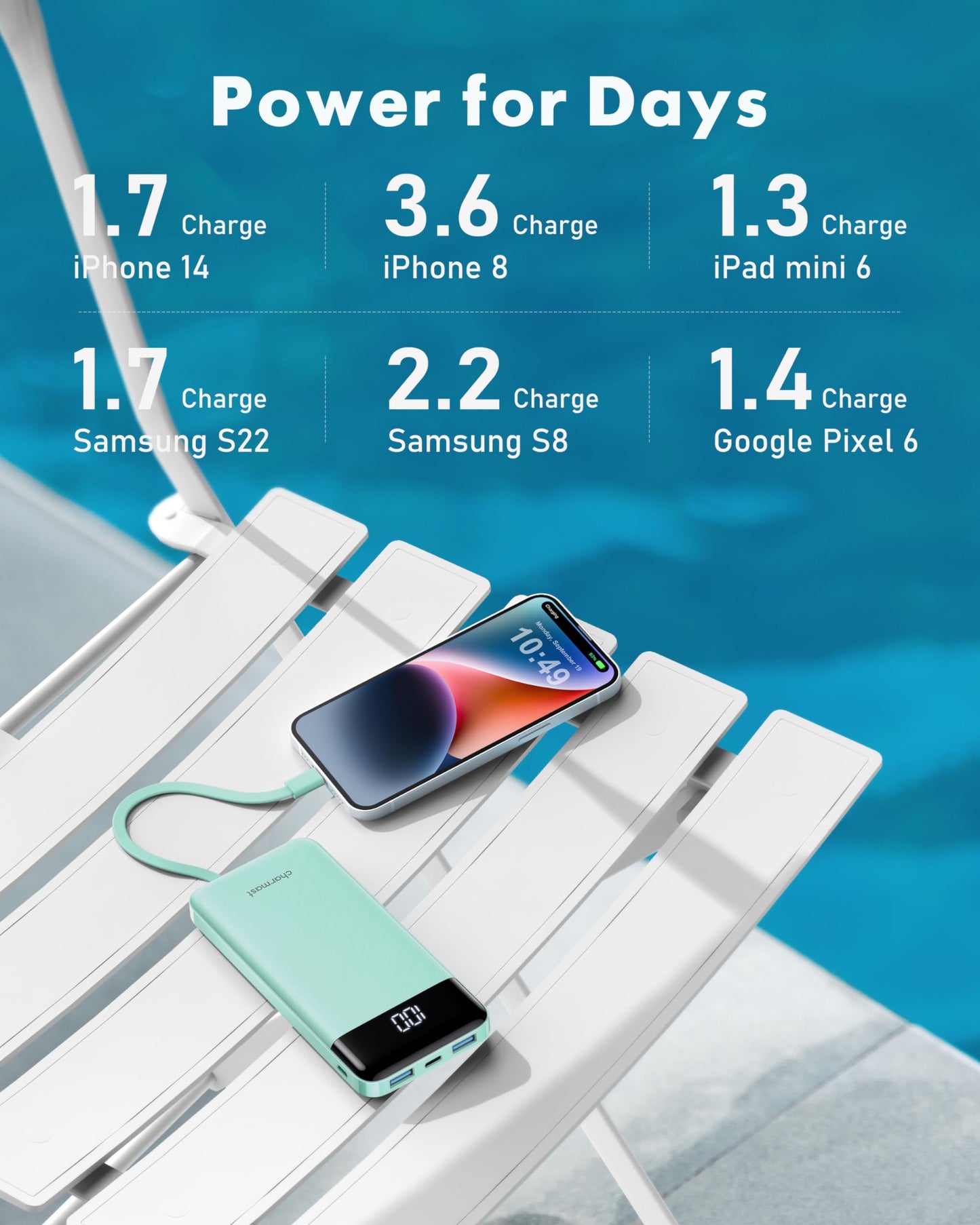 Slim 10000mAh Power Bank with Built-in Cables