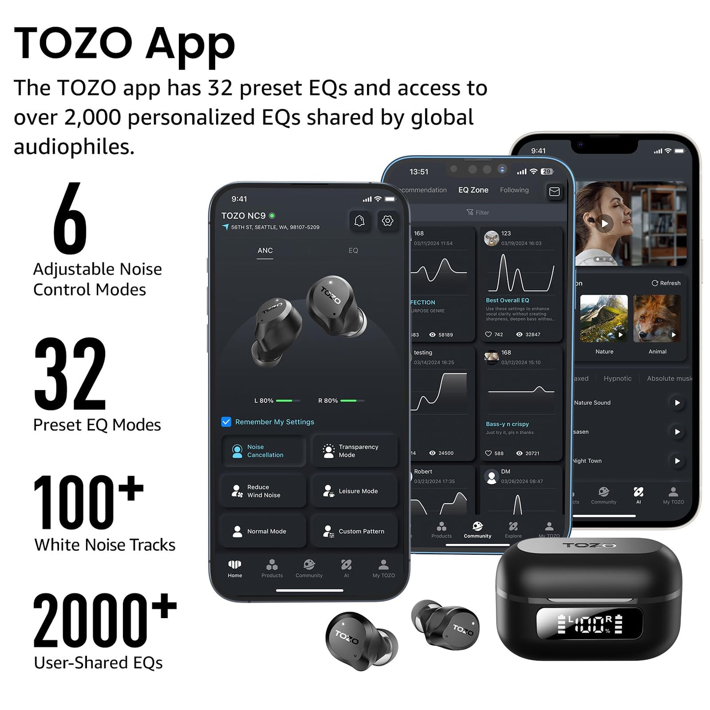 TOZO NC9 Hybrid Active Noise Cancelling Wireless Earbuds