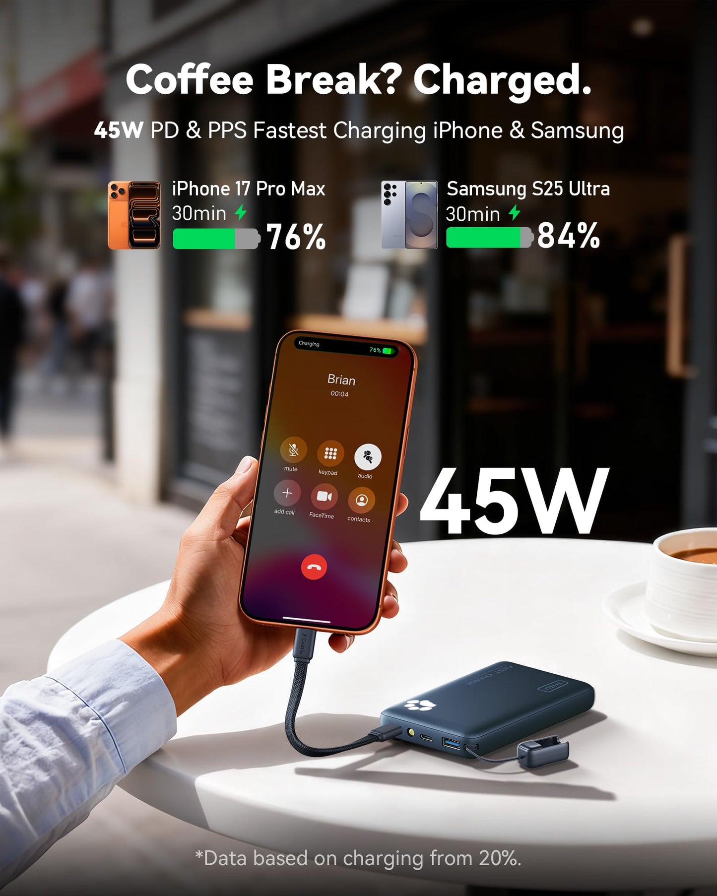 INIU Portable Charger, Ultra Slim 45W Fast Charging with Attached USB C Cable