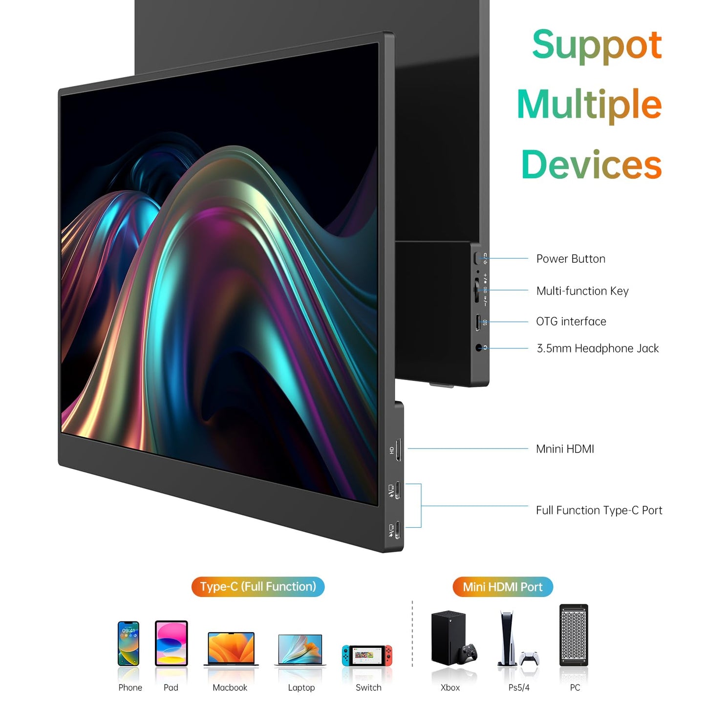 MNN Portable Monitor 15.6inch FHD 1080P USB C HDMI Gaming Ultra-Slim