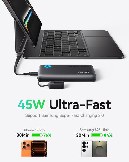 INIU Portable Charger, Ultra Slim 45W Fast Charging with Attached USB C Cable
