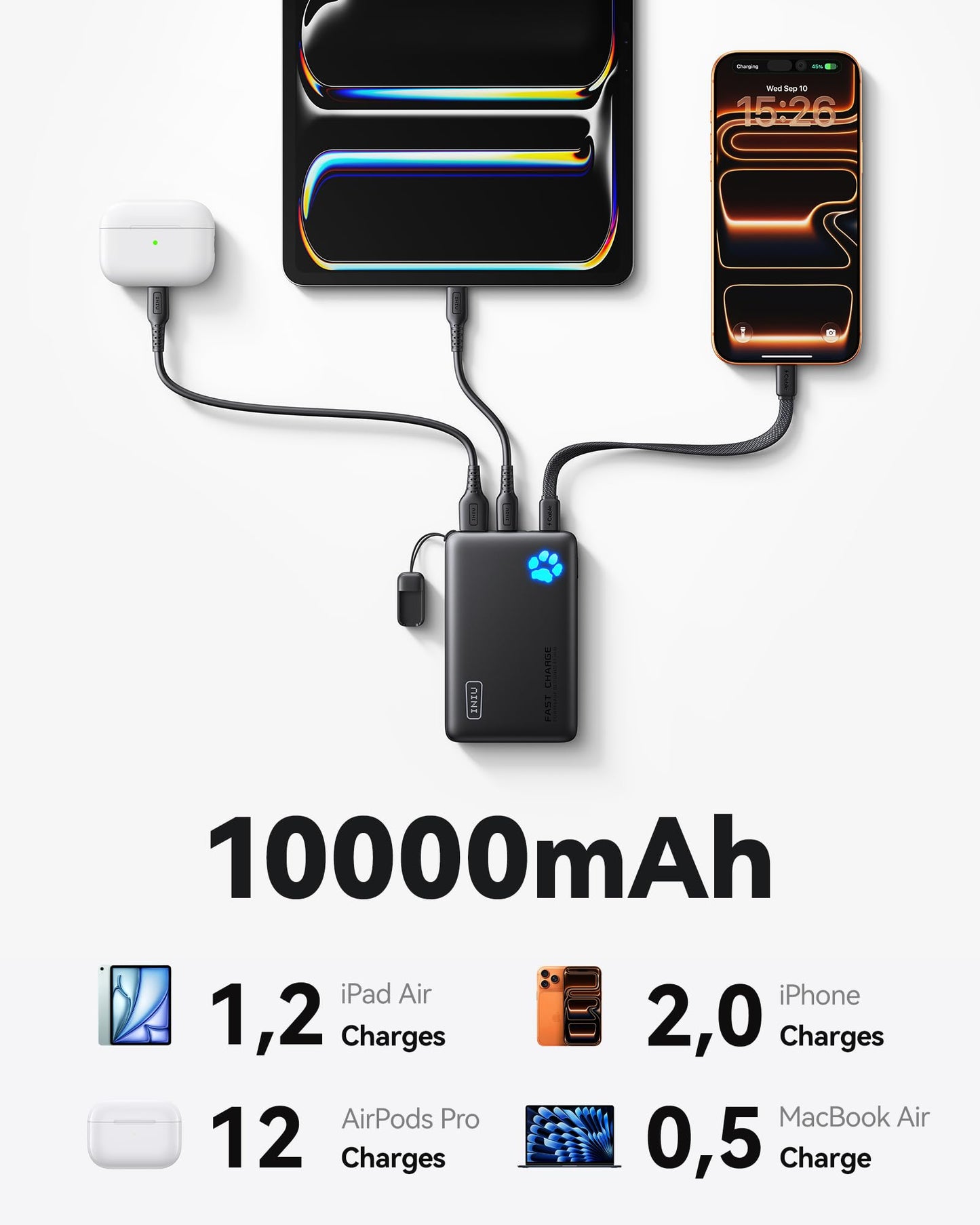 INIU Portable Charger, Ultra Slim 45W Fast Charging with Attached USB C Cable