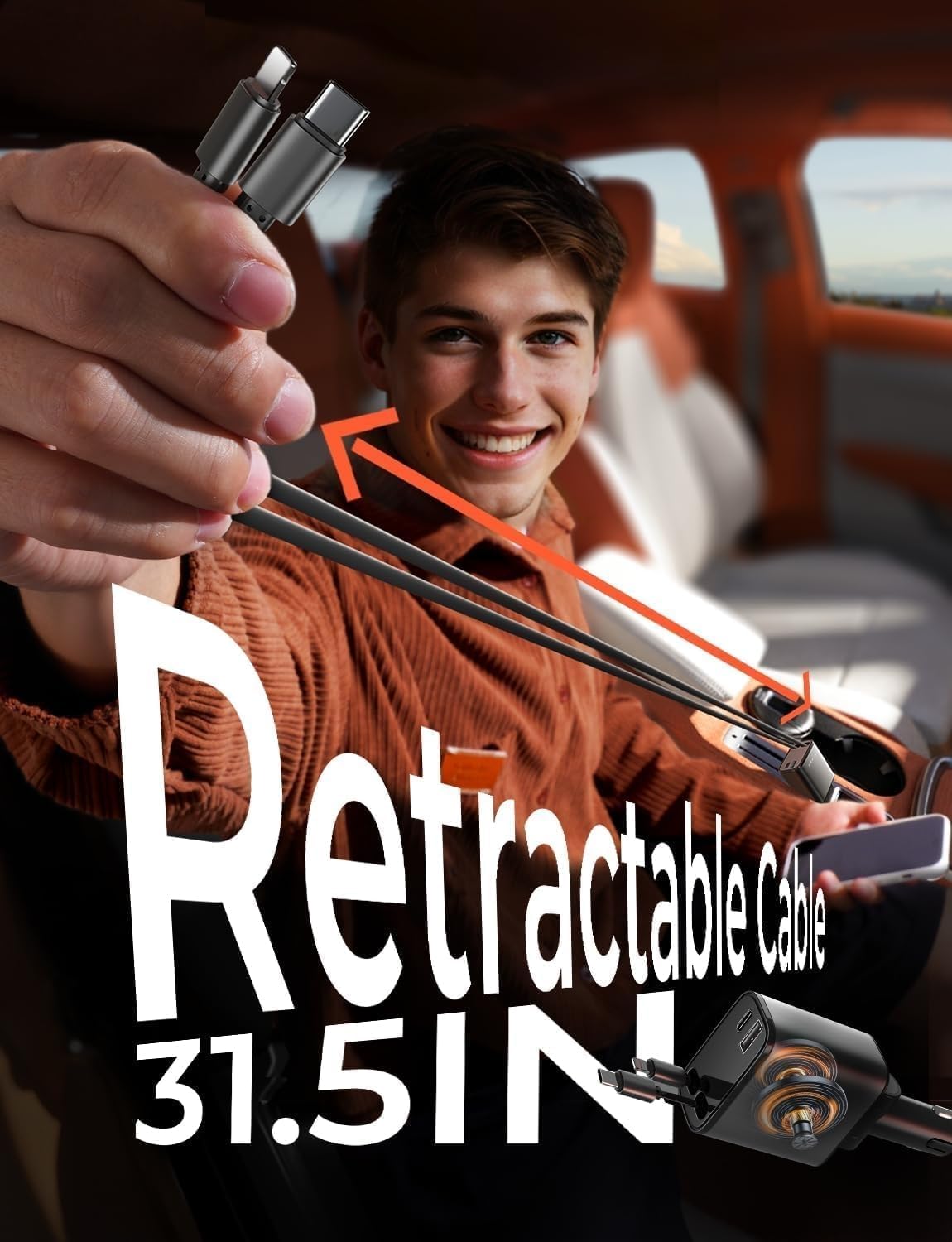 LISEN Retractable Car Charger, Gifts for Him Her, 84W Car Adapter USB C Fast Charger