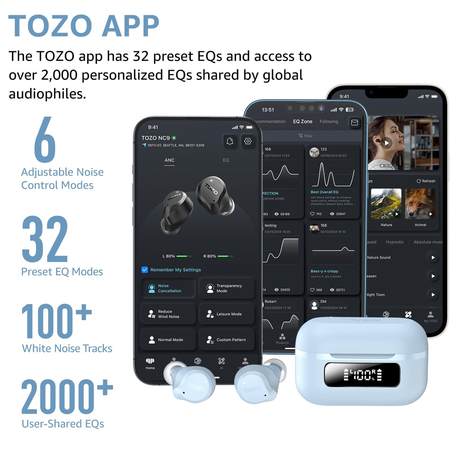 TOZO NC9 Hybrid Active Noise Cancelling Wireless Earbuds