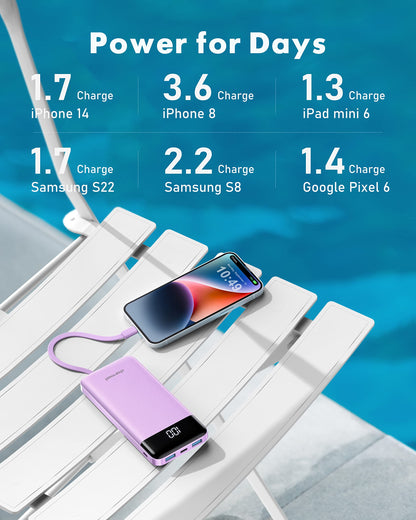 Slim 10000mAh Power Bank with Built-in Cables