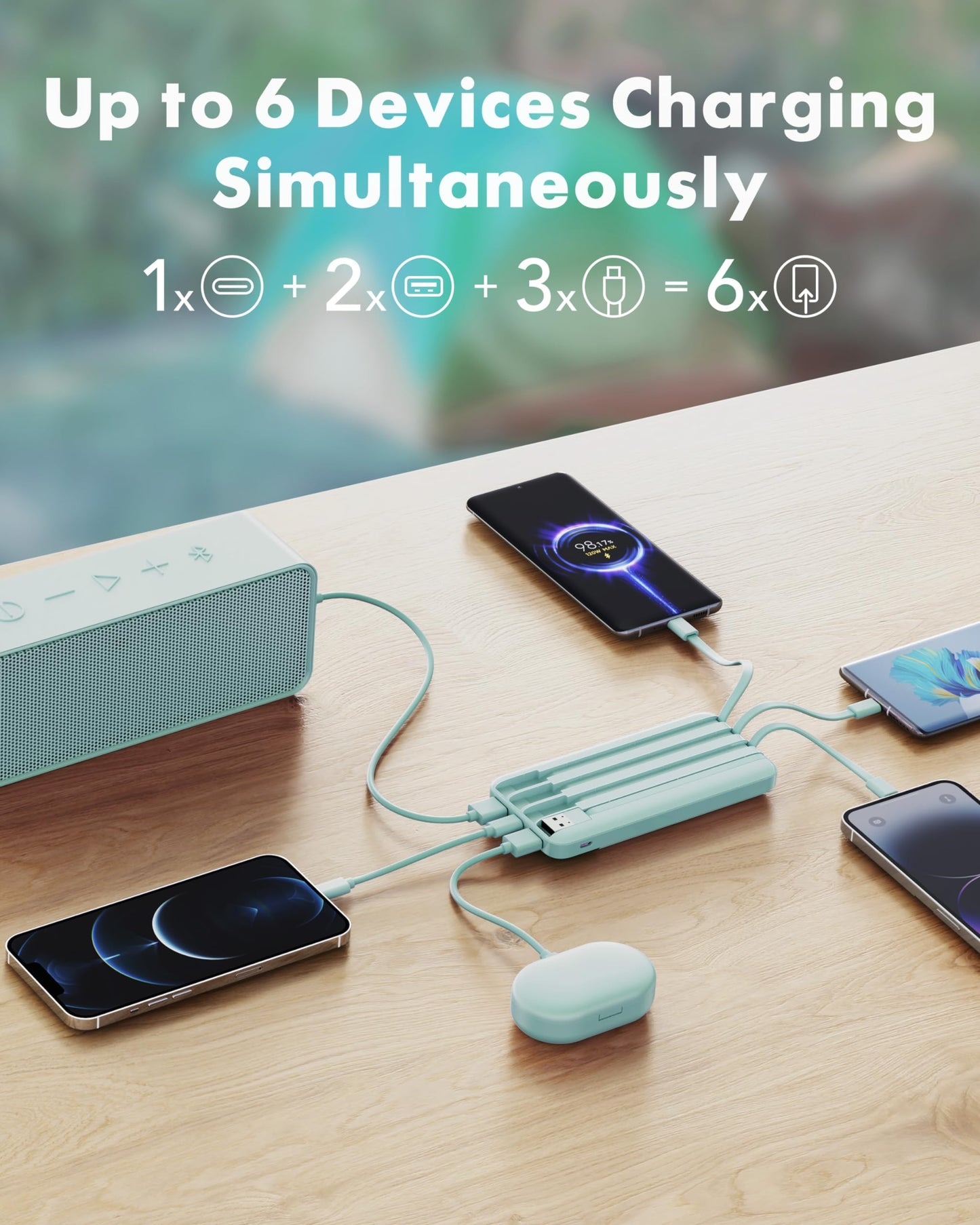 Slim 10000mAh Power Bank with Built-in Cables