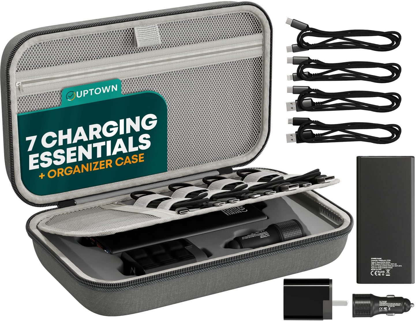 Uptown Deals Travel Charging Kit with Cable Organizer Case – 10,000mAh Portable Charger (Power Bank), 45W GaN Wall Adapter, 48W Car Phone Charger & 4 Cables – Travel Essentials for Devices