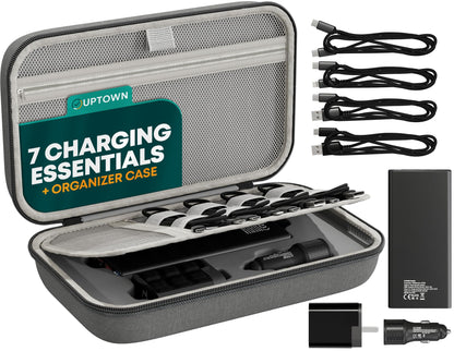 Uptown Deals Travel Charging Kit with Cable Organizer Case – 10,000mAh Portable Charger (Power Bank), 45W GaN Wall Adapter, 48W Car Phone Charger & 4 Cables – Travel Essentials for Devices