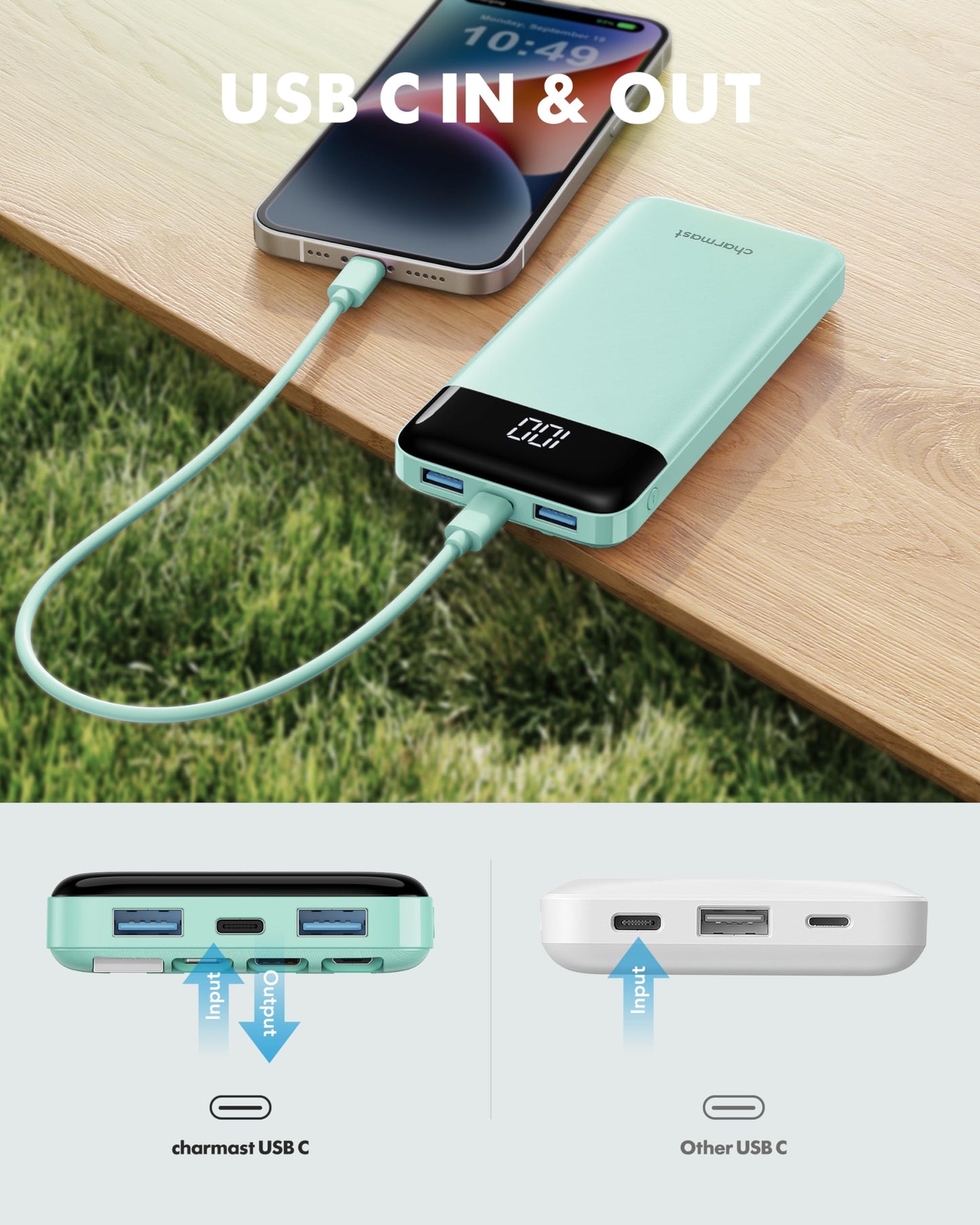 Slim 10000mAh Power Bank with Built-in Cables