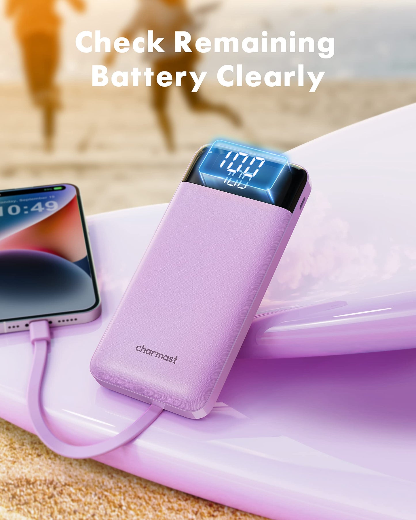 Slim 10000mAh Power Bank with Built-in Cables